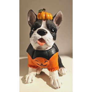 Halloween Terrier French Bulldog In Pumpkin Costume Statue Figurine